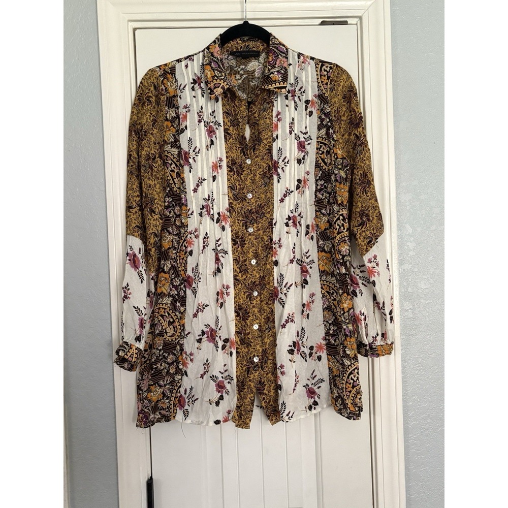 Jane + Delancey Tunic‎ Women Small Gold Mixed Floral Paisley Pintuck Button Down